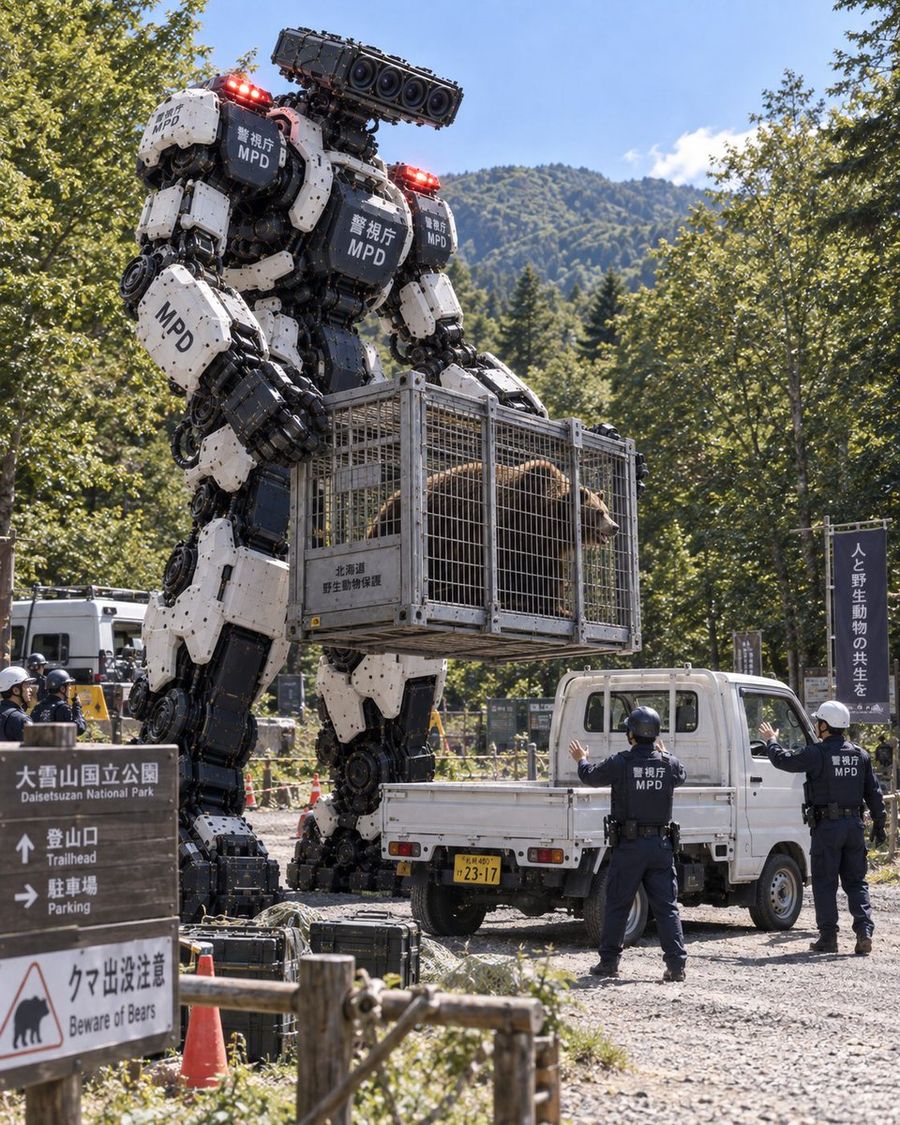 Giant Police Robot Capturing Bear