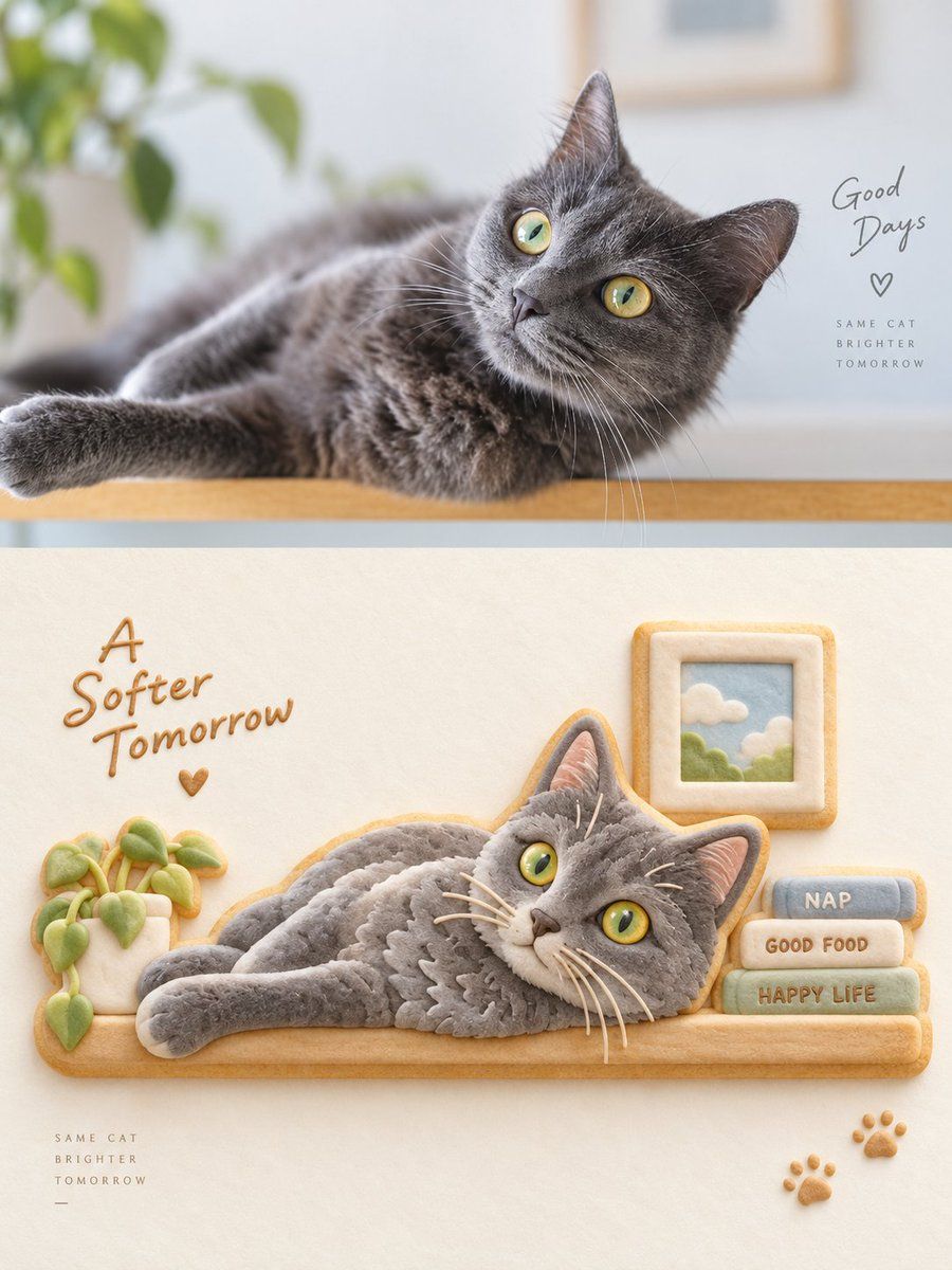 Grey Cat Photo vs Cookie Art Diptych