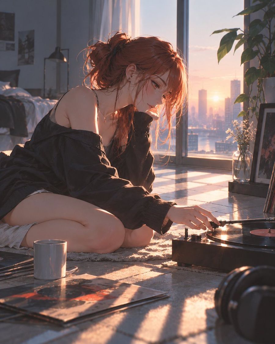 Girl Listening to Vinyl at Sunset