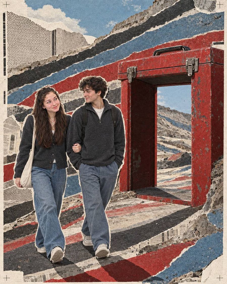 Surreal Collage of Teens Walking Past Giant Toolbox