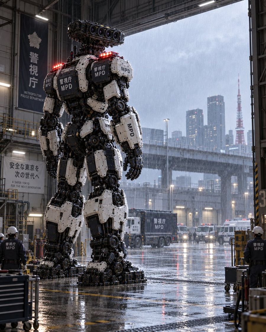 Yağmurlu Hangarda Dev MPD Robotu