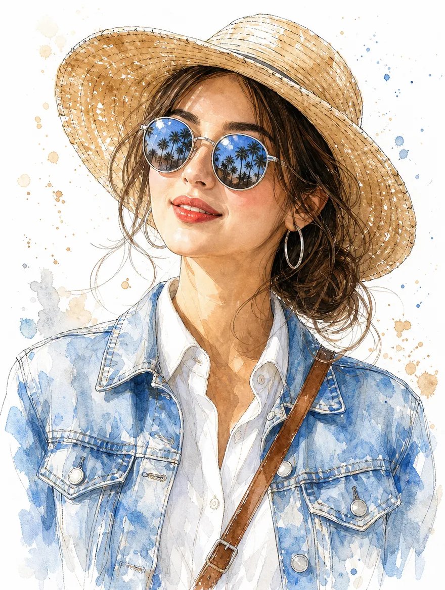 Watercolor Portrait of Woman in Straw Hat