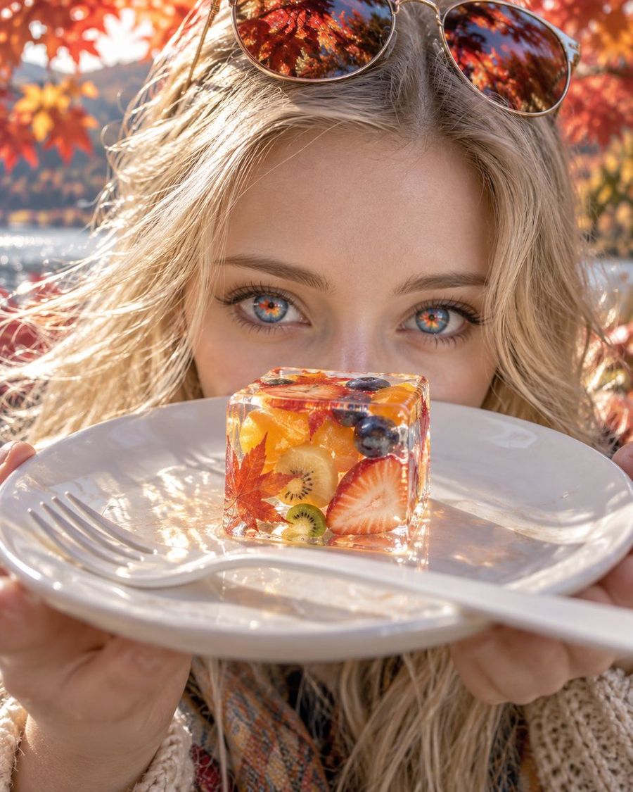 Woman Holding Autumn Fruit Jelly Cube