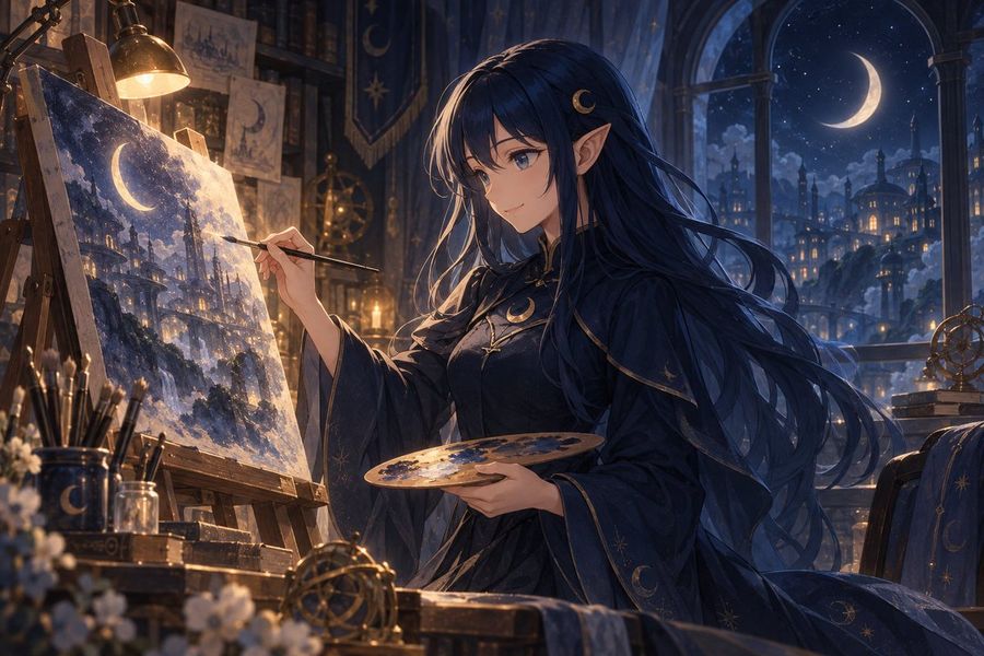 Họa sĩ Elf Anime vẽ tranh ban đêm