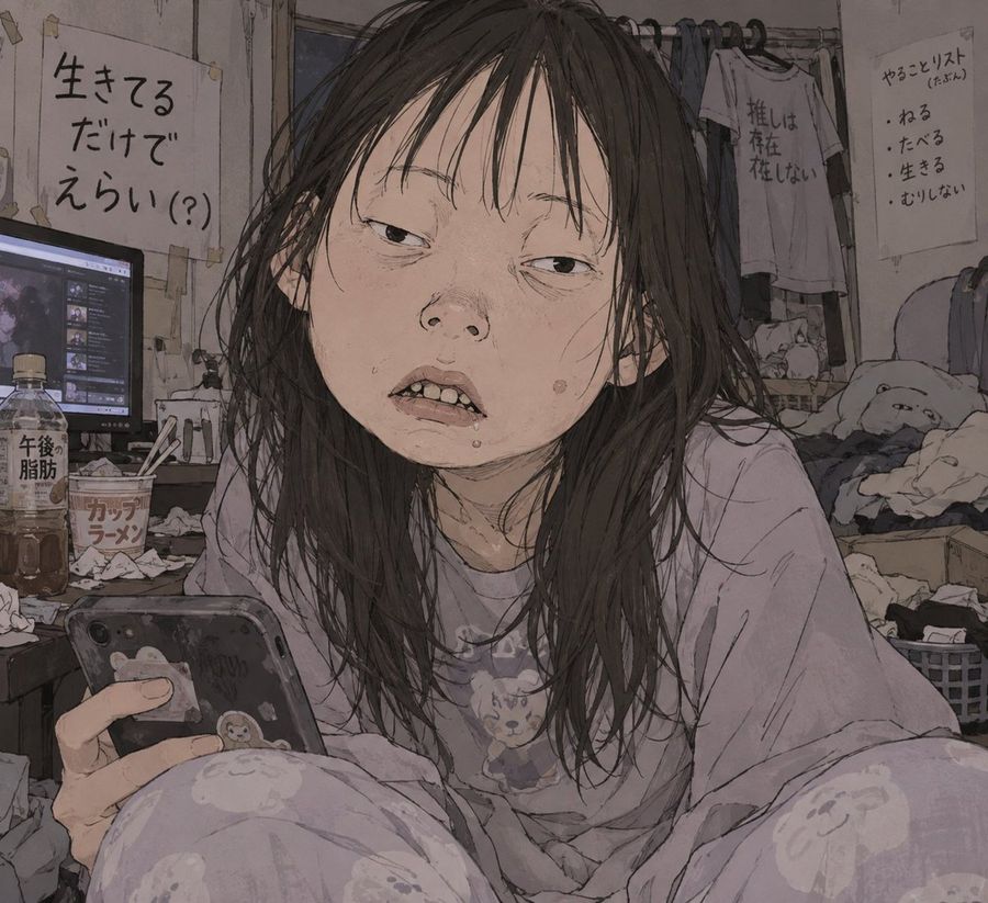Depressed Anime Girl in Messy Room