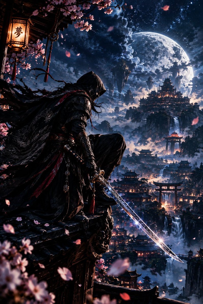 Hooded Assassin on Temple Rooftop Fantasy Art
