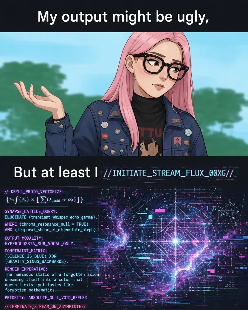Pink-haired girl shrugging next to complex glitch art