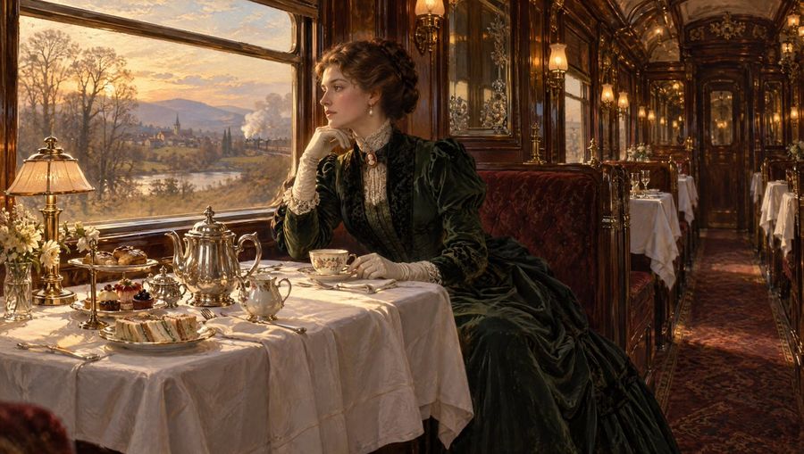 Victorian Woman Having Tea on a Luxury Train