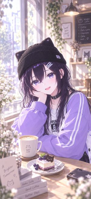 Anime Girl Cat Beanie Cafe Wallpaper