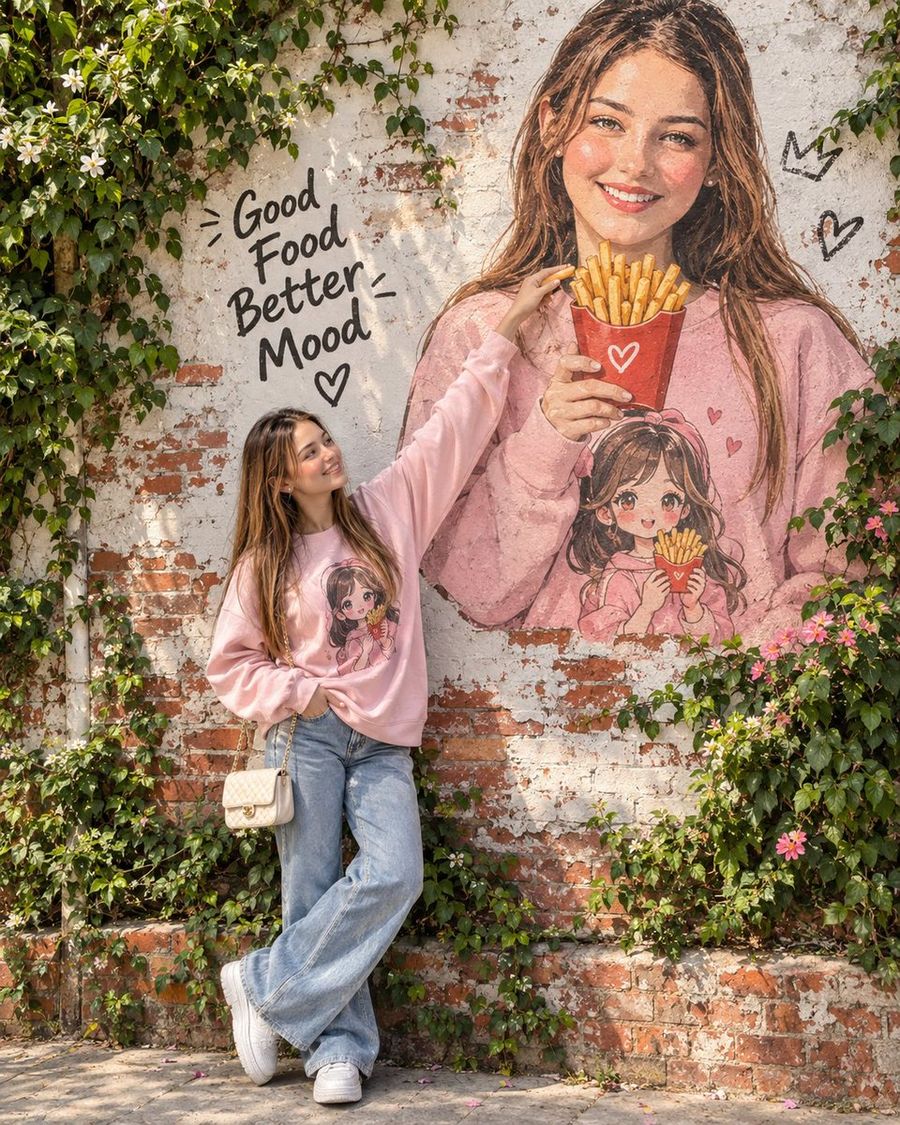Hyper-Realistic Street Fashion Portrait with Mural Interaction