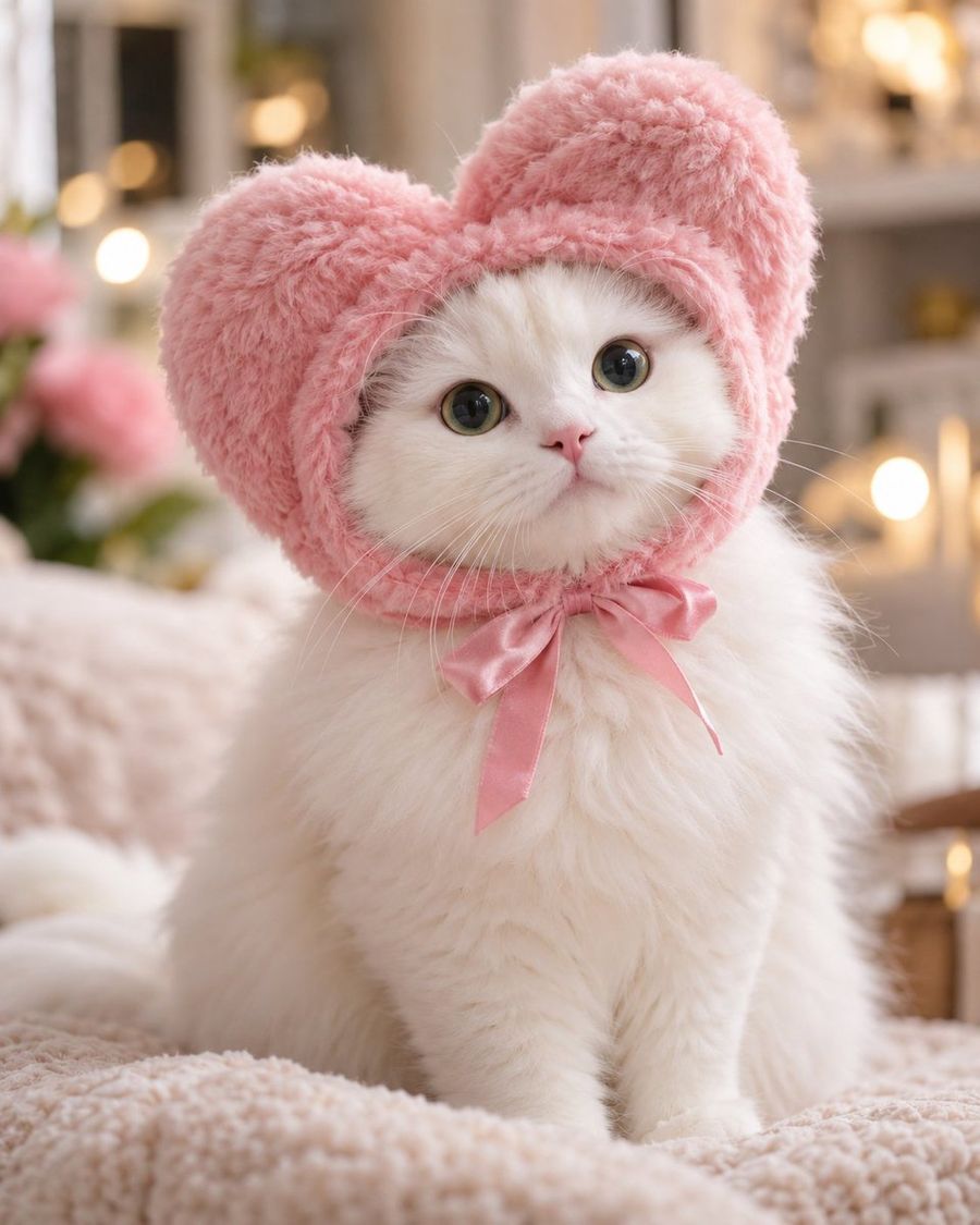 Fluffy White Cat in Pink Heart Hat