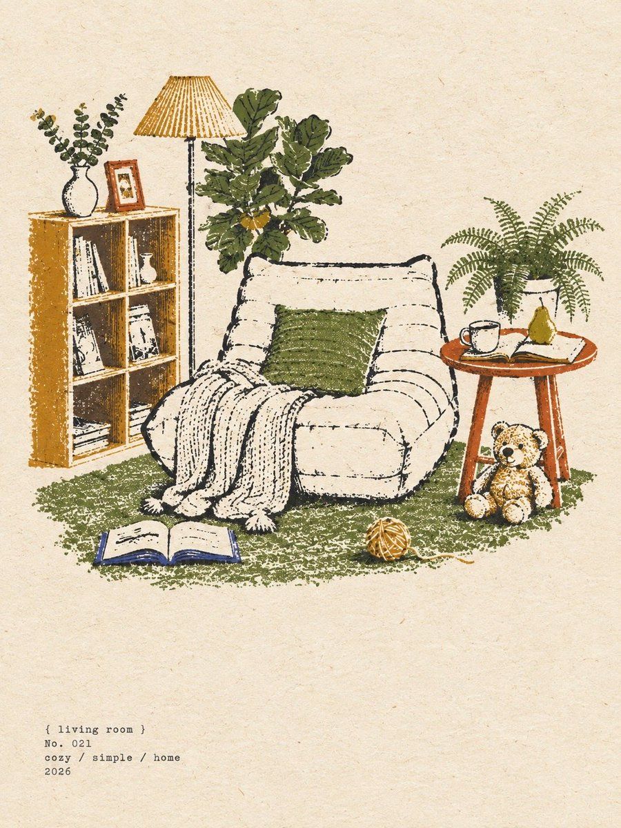 復古溫馨客廳插畫