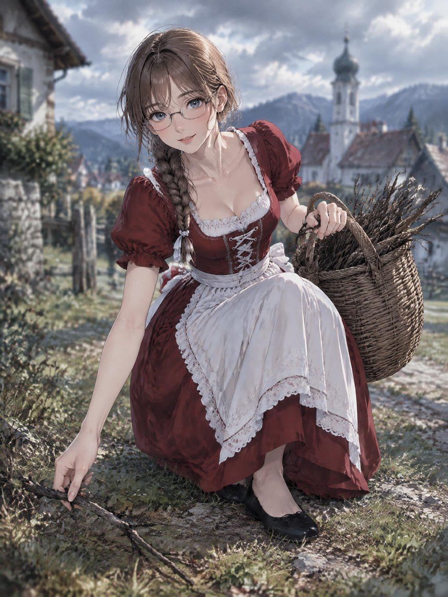 Anime Girl Crouching with Oversized Firewood Basket