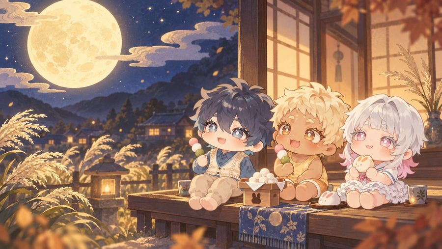 Chibi Characters Enjoying Tsukimi Moon Viewing