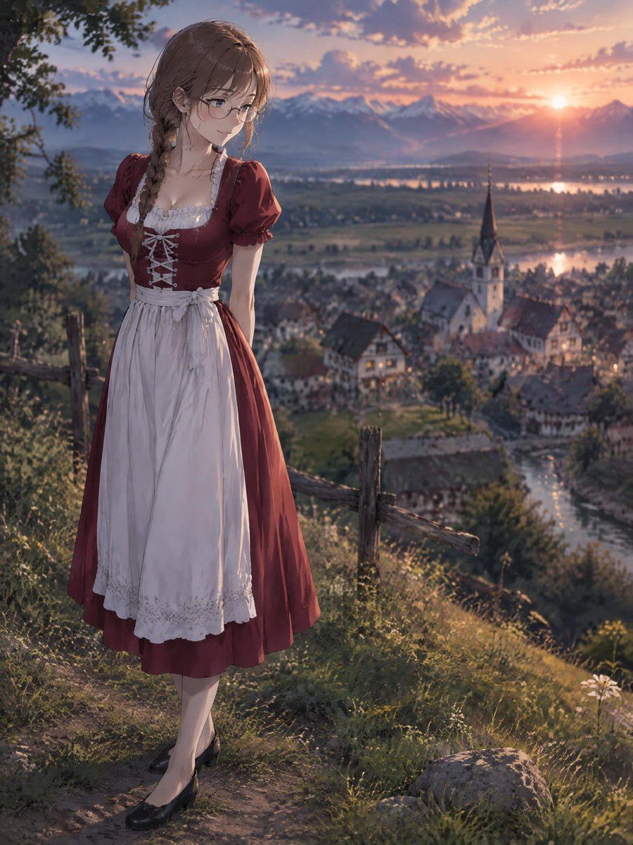 Anime Girl in Dirndl at Sunset