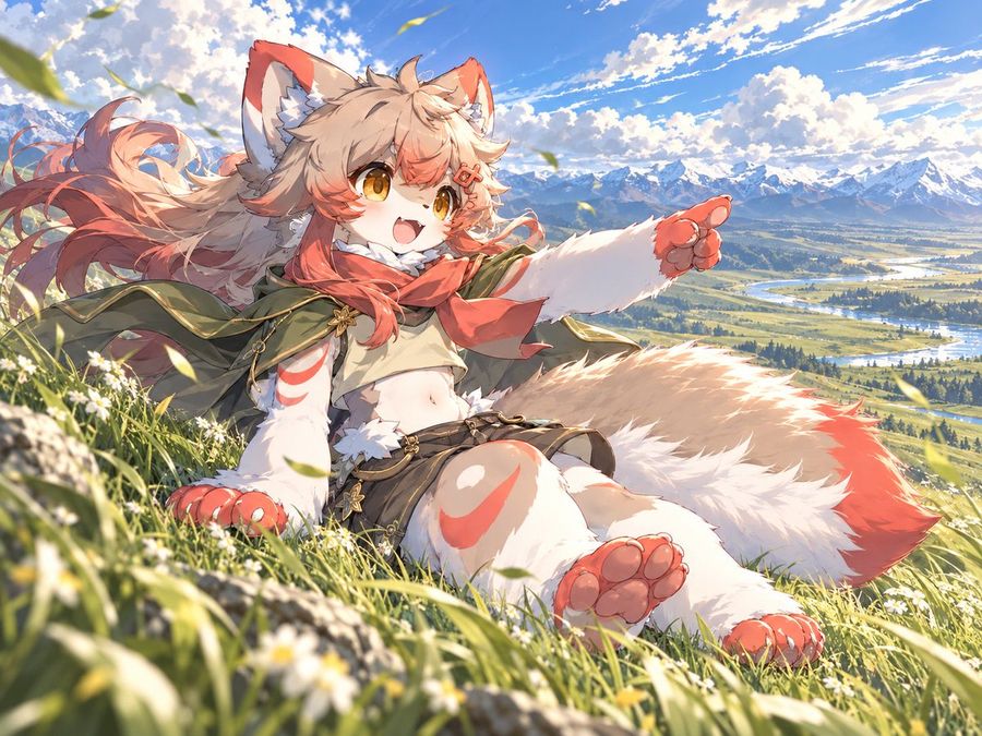 Anime Fox Girl Pointing at Mountain View