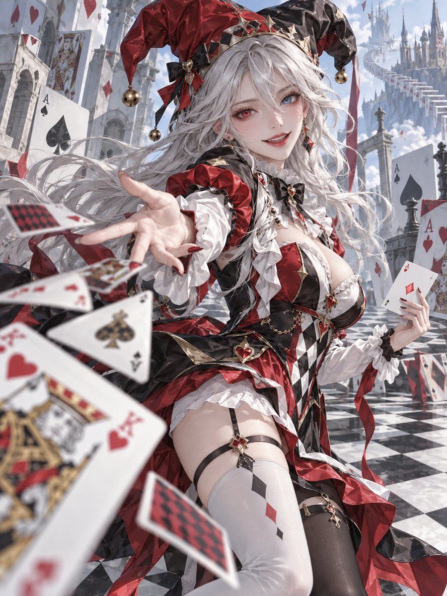 Gothic Jester Girl with Floating Cards