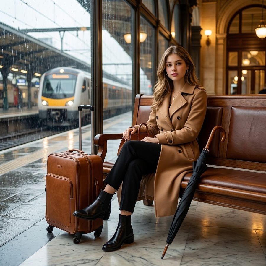 Cinematic Woman Waiting for Train in Rain