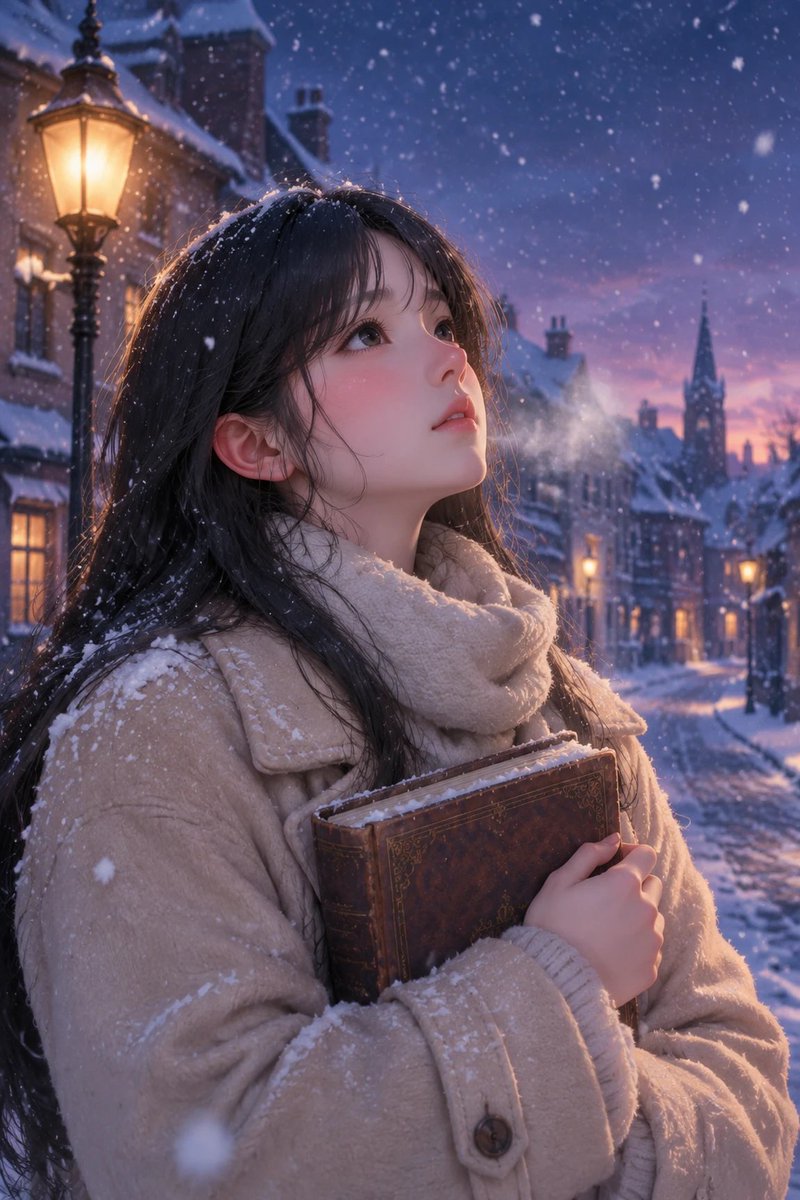 Woman Reading in Snowy Street