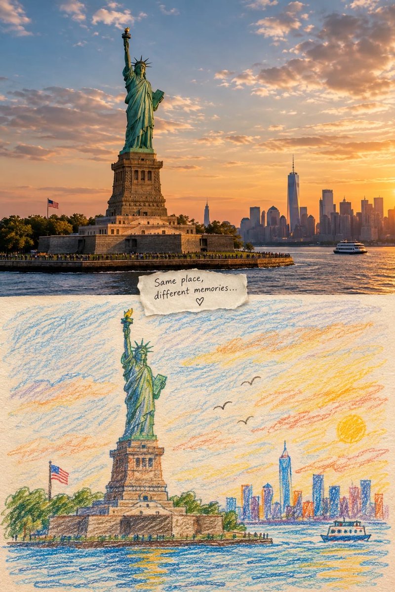 Split-Scene Landmark vs Child Drawing Prompt