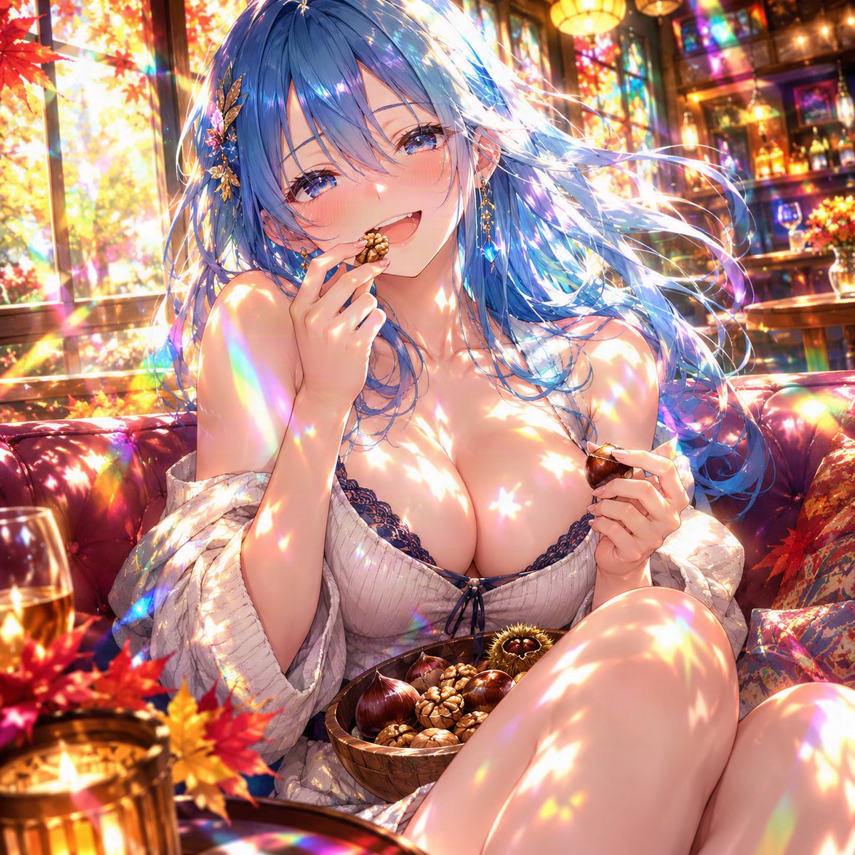 Anime Girl Eating Chestnuts in Autumn Light