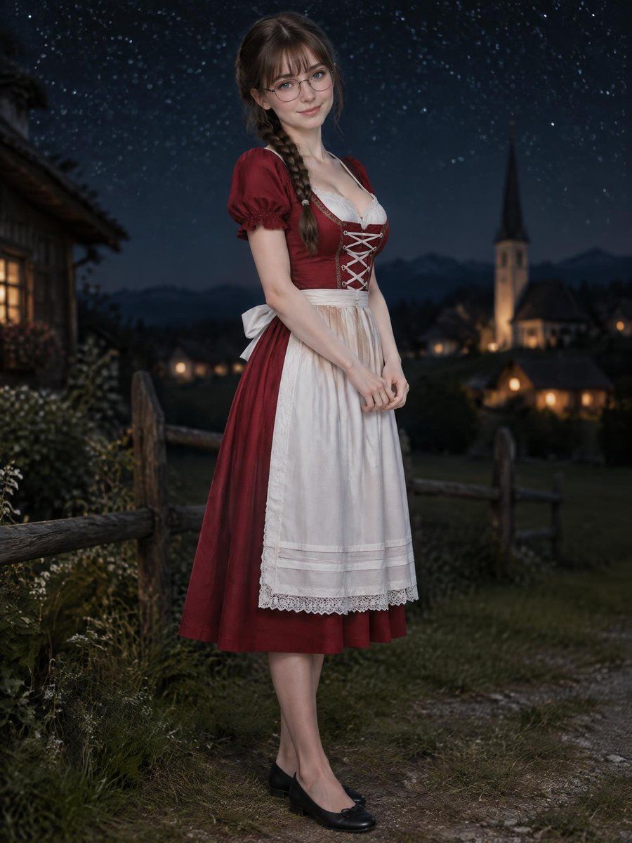 Woman in Red Dirndl at Night
