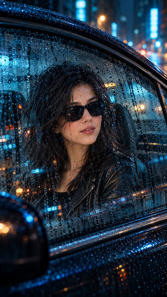 Retrato Cinematográfico de Auto en Noche Lluviosa con Estilo Cyber-Noir