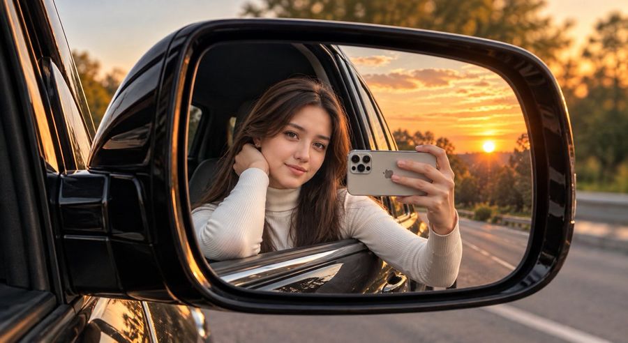 Prompt para autorretrato con reflejo en auto de lujo