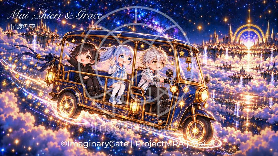 Trío Chibi Volando en un Tuk-Tuk Mágico