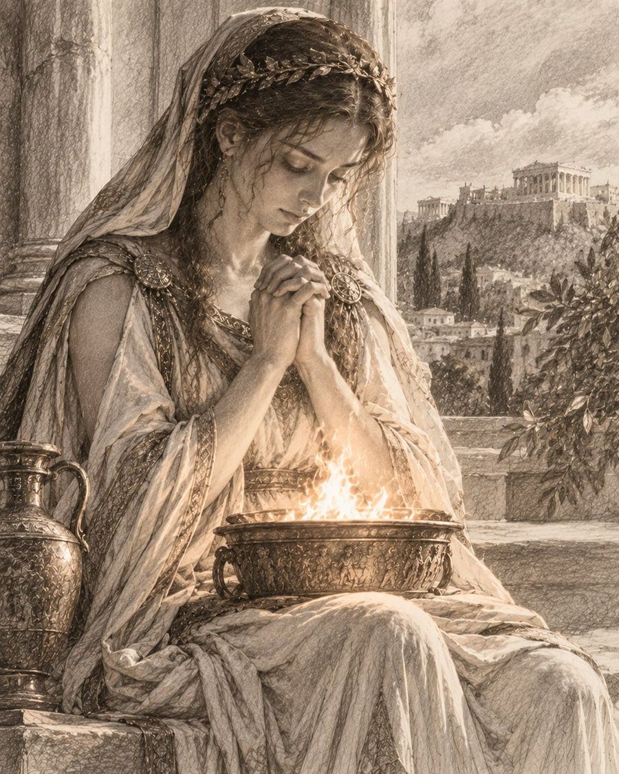 Hestia en prière devant la Flamme Sacrée
