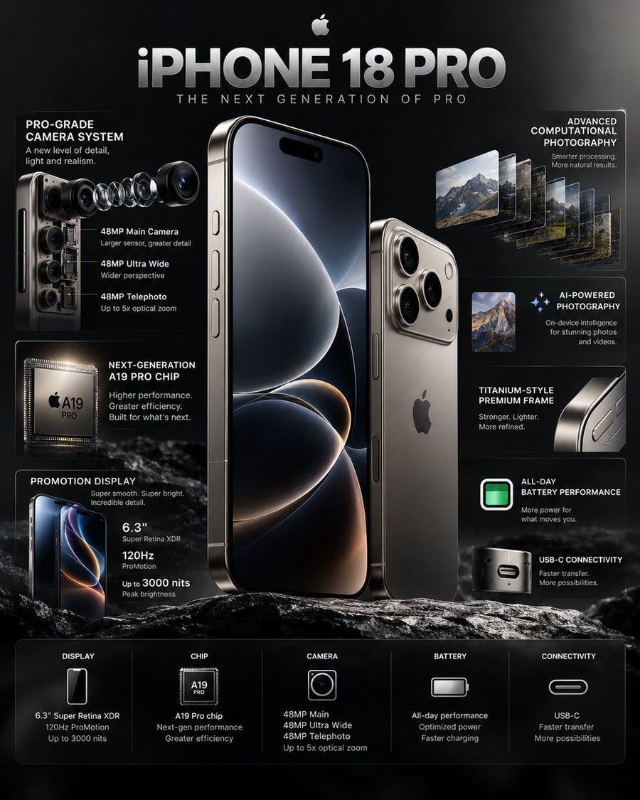 Infográfico Técnico do iPhone 18 Pro