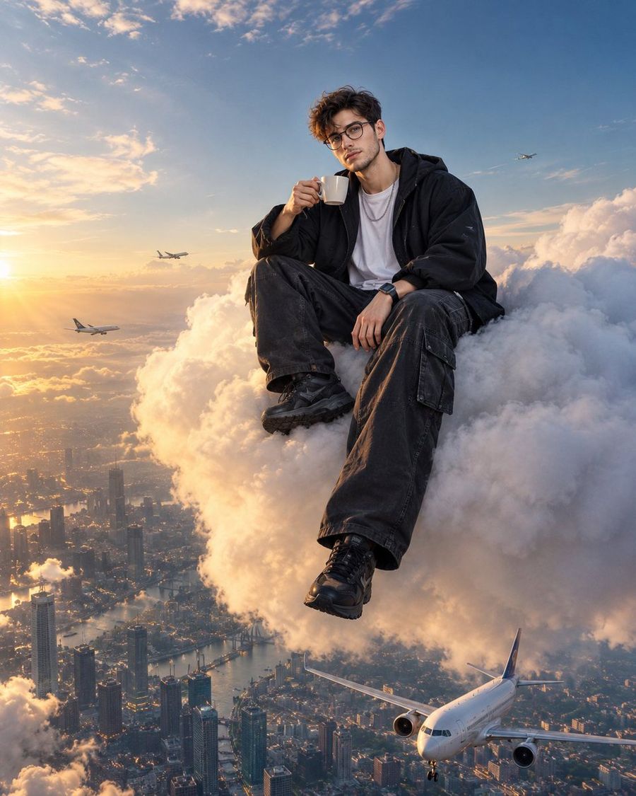 都市の上空、雲の上に座るシュールな男性