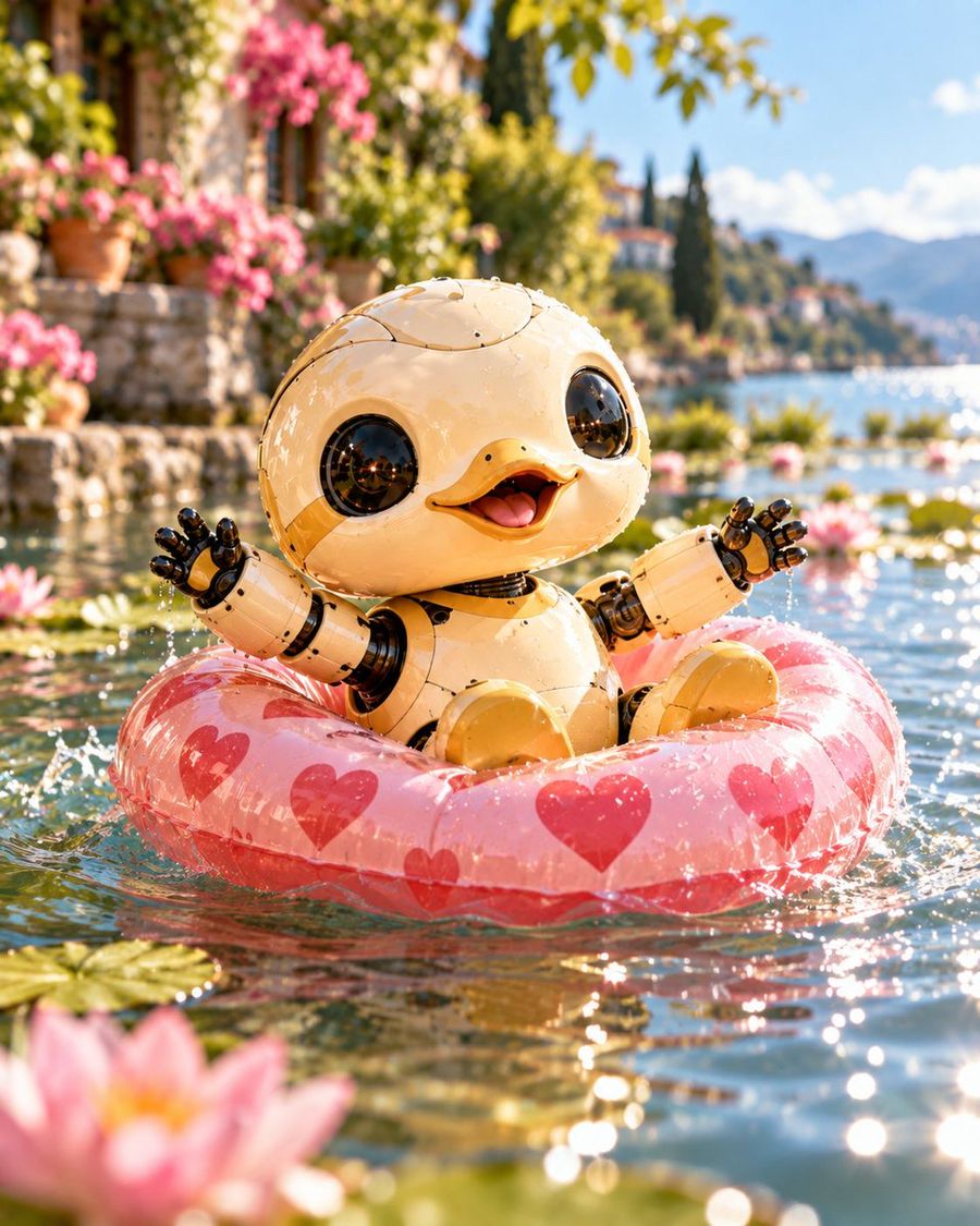 Robô Amarelo Fofo Flutuando em Boia de Coração