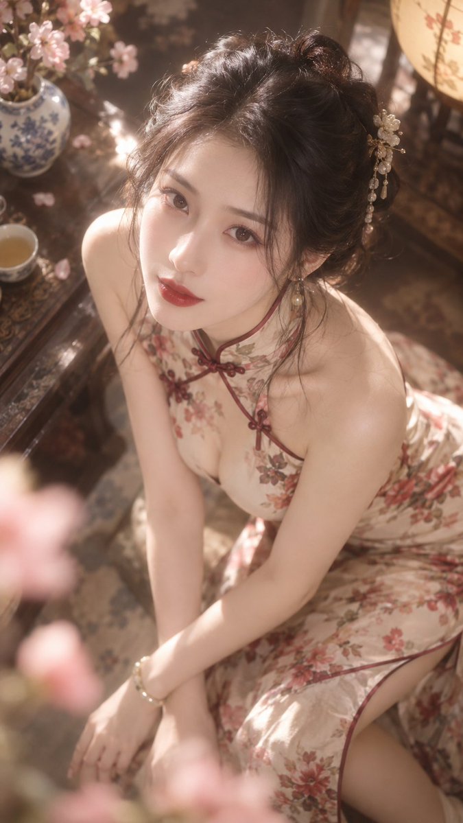 Portrait Rêveur en Qipao de Soie