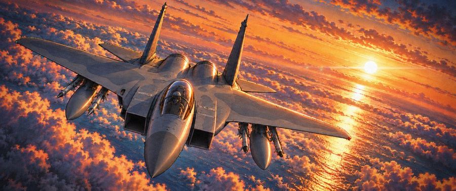 Caza de combate sobrevolando nubes al atardecer