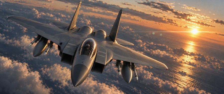 Caza de combate sobrevolando nubes al atardecer