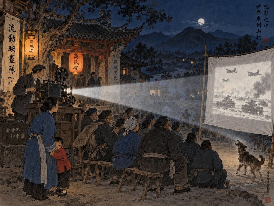 Projection de film dans un village rural des années 1940