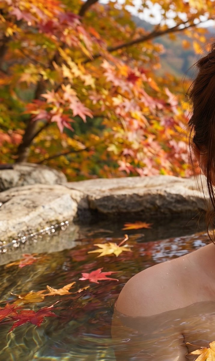 Mulher japonesa em onsen com vista de bordo outonal