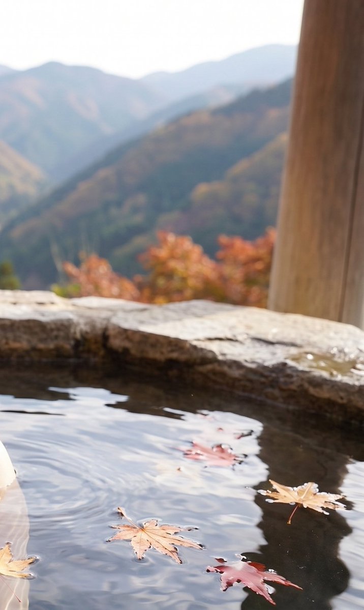 Femme japonaise dans un onsen avec vue sur les érables d'automne