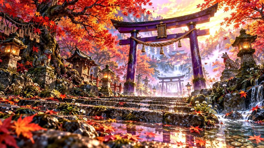 Mor Torii ile Sonbahar Tapınağı Arka Planı