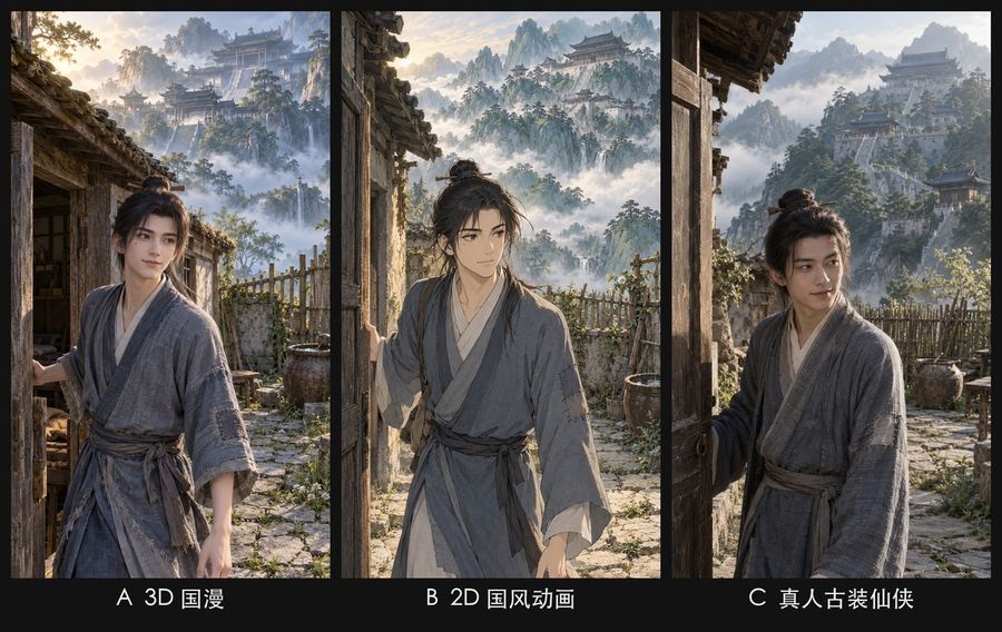 Comparaison de trois styles de personnages en triptyque