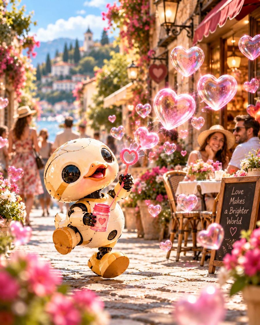 Robot Mignon Soufflant des Bulles en Forme de Cœur