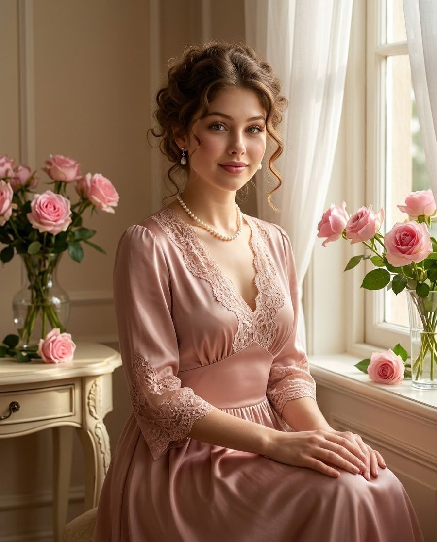 Retrato de Vestido de Cetim Rosa com Preservação de Identidade