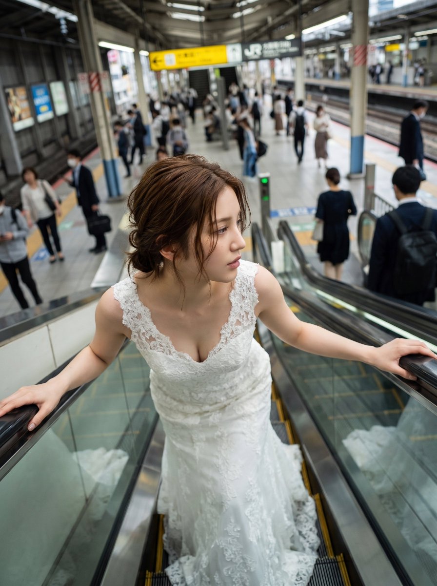 La mariée en robe de rêve sur l'escalator à la gare d'Osaka
