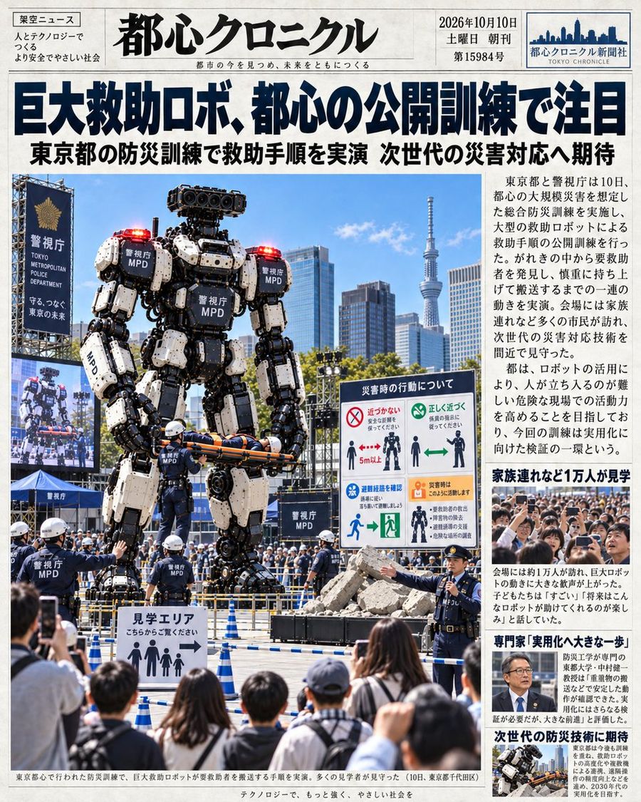 Une page d'accueil de journal japonais : un robot de sauvetage géant