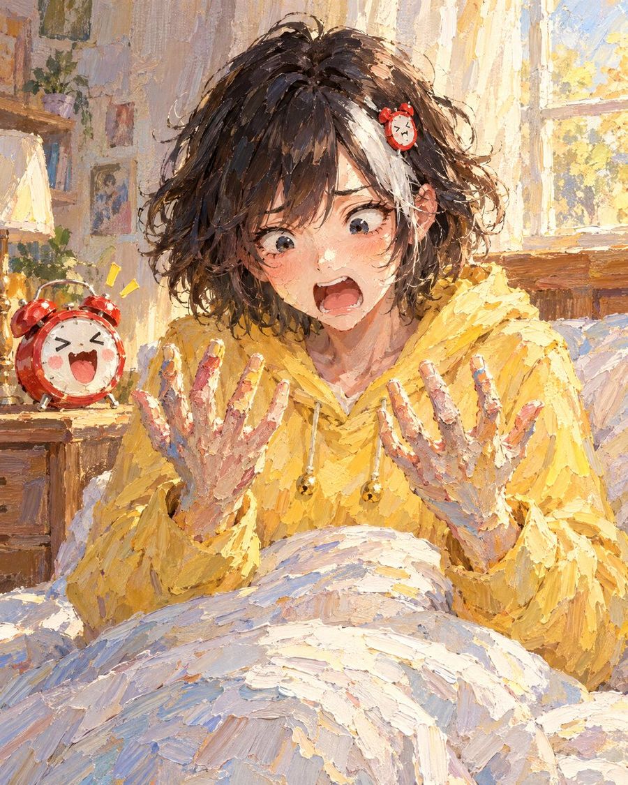 Fille anime se réveillant en peinture à l'huile