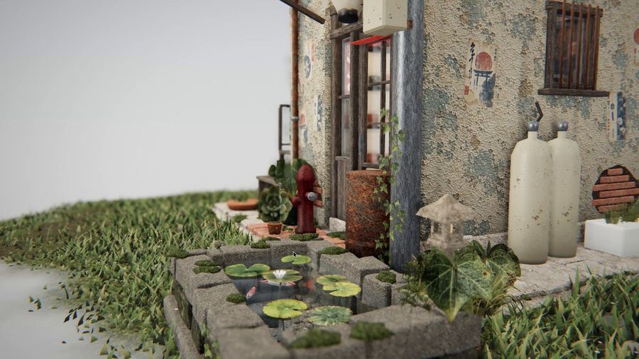 Edificio illuminato dal muschio in vista diurna con stagno in Three.js