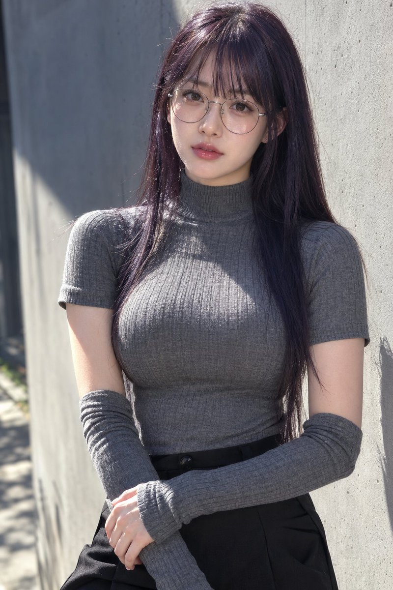 Femme est-asiatique en col roulé gris devant un mur en béton