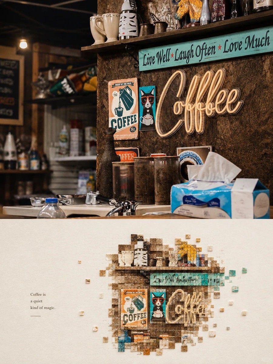 Mosaic Art Poster: Coffee Shop Scene