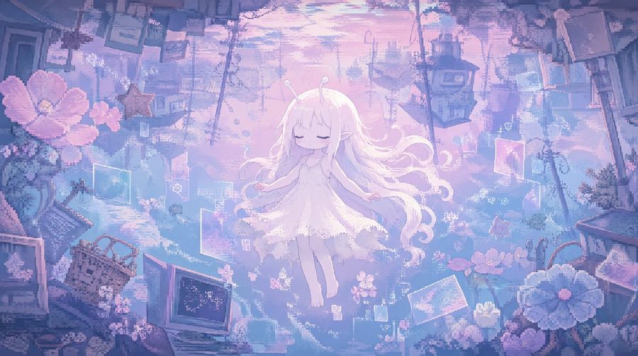 Fille Anime Flottante dans un Vide Vaporwave Onirique